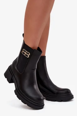 Botki Sztyblety Damskie Ze Złotym Detalem Ocieplane Czarne Serene