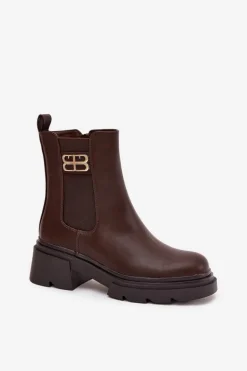 Botki Sztyblety Damskie Ze Złotym Detalem Ocieplane Brązowe Serene