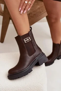 Botki Sztyblety Damskie Ze Złotym Detalem Ocieplane Brązowe Serene