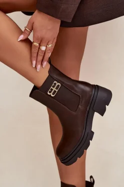 Botki Sztyblety Damskie Ze Złotym Detalem Ocieplane Brązowe Serene