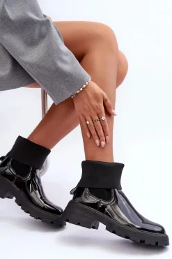 Botki Sztyblety Lakierowane Damskie Czarne Pavo