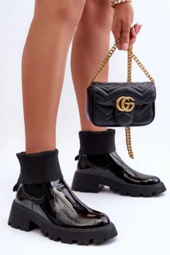 Botki Sztyblety Lakierowane Damskie Czarne Pavo