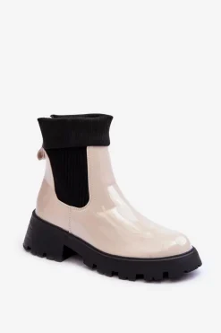 Botki Sztyblety Lakierowane Damskie Beżowe Pavo