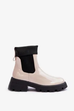 Botki Sztyblety Lakierowane Damskie Beżowe Pavo