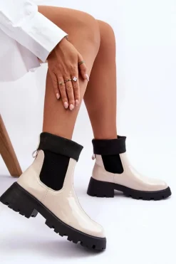 Botki Sztyblety Lakierowane Damskie Beżowe Pavo