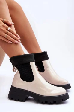 Botki Sztyblety Lakierowane Damskie Beżowe Pavo