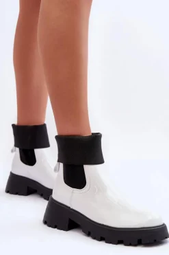 Botki Sztyblety Lakierowane Damskie Białe Pavo