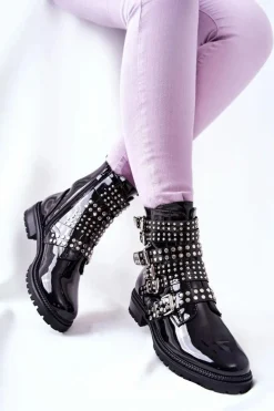 Botki Sztyblety Lakierowane Z Paskami Czarne Marchelli