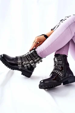 Botki Sztyblety Lakierowane Z Paskami Czarne Marchelli