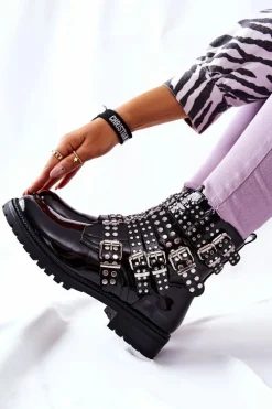 Botki Sztyblety Lakierowane Z Paskami Czarne Marchelli