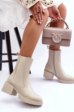 Botki Sztyblety Na Masywnym Obcasie Beżowe Ironna