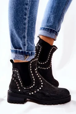 Botki Sztyblety Na Płaskim Obcasie Ćwieki Czarne Shivers