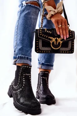 Botki Sztyblety Na Płaskim Obcasie Ćwieki Czarne Shivers