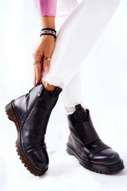 Botki Sztyblety Z Kolorowym Przeszyciem Czarne Milie