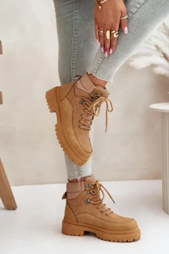 Botki Trapery Damskie Sznurowane Camel Rabaria