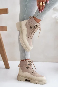 Botki Trapery Damskie Sznurowane Beżowe Rabaria