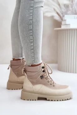 Botki Trapery Damskie Sznurowane Beżowe Rabaria
