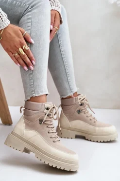 Botki Trapery Damskie Sznurowane Beżowe Rabaria