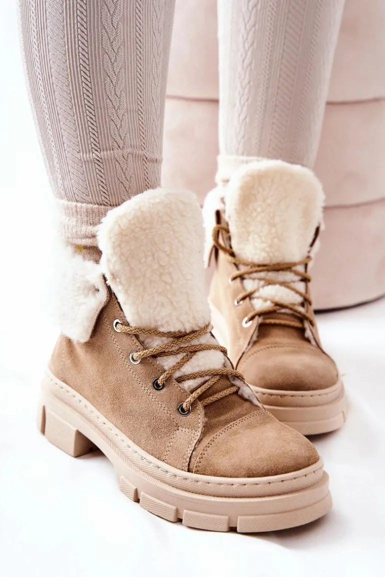Botki Trapery Ocieplane Wiązane Beżowe Karley