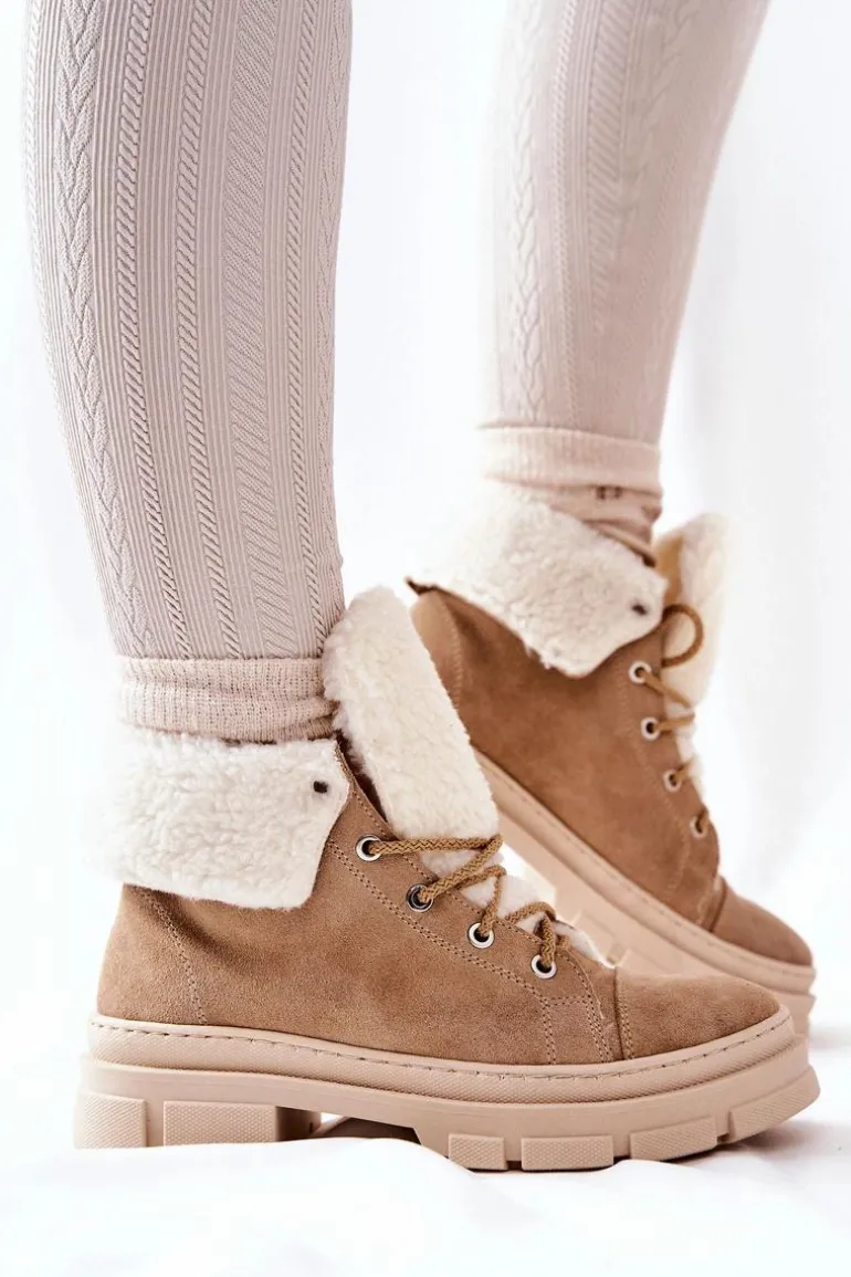 Botki Trapery Ocieplane Wiązane Beżowe Karley