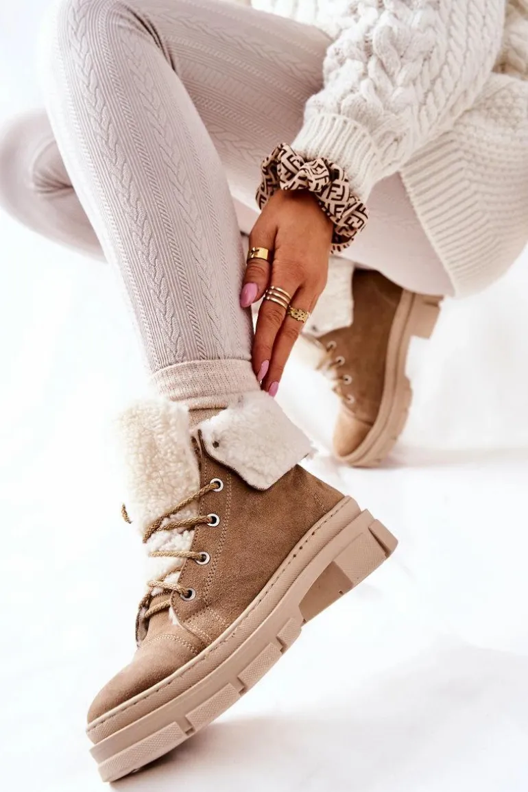 Botki Trapery Ocieplane Wiązane Beżowe Karley