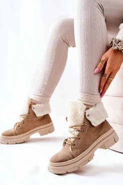 Botki Trapery Ocieplane Wiązane Beżowe Karley
