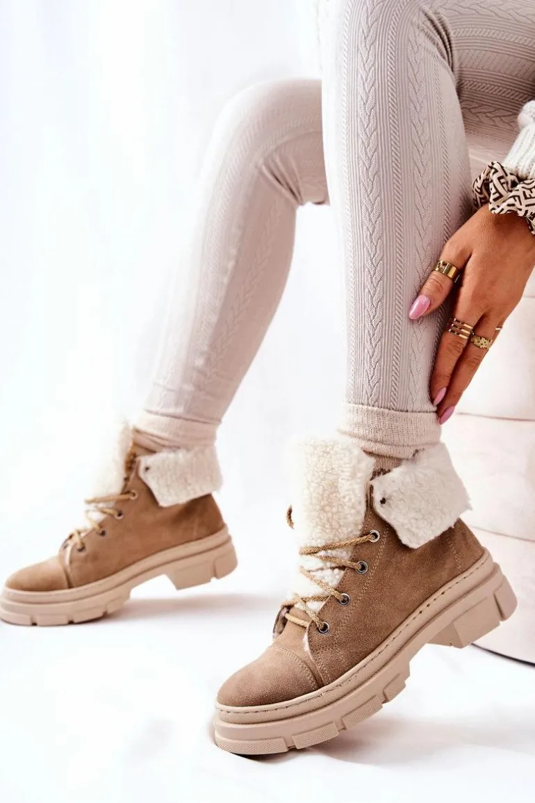 Botki Trapery Ocieplane Wiązane Beżowe Karley
