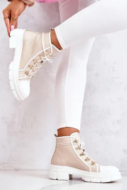 Botki Trapery Skórzane Beżowo-Białe Letty