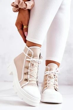 Botki Trapery Skórzane Beżowo-Białe Letty