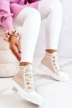 Botki Trapery Skórzane Beżowo-Białe Letty