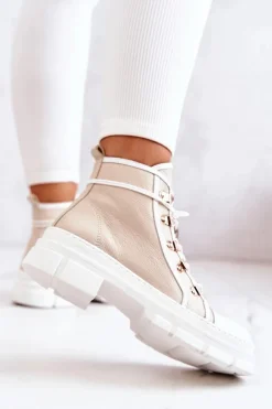 Botki Trapery Skórzane Beżowo-Białe Letty