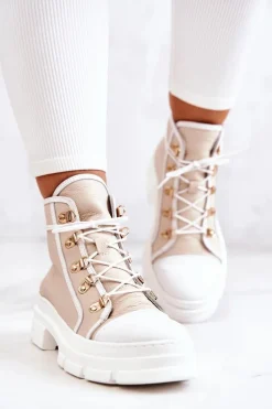 Botki Trapery Skórzane Beżowo-Białe Letty