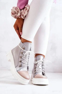 Botki Trapery Skórzane Srebrne Letty