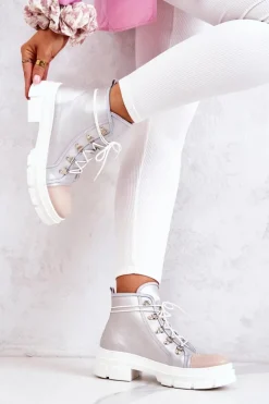 Botki Trapery Skórzane Srebrne Letty