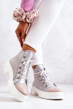 Botki Trapery Skórzane Srebrne Letty