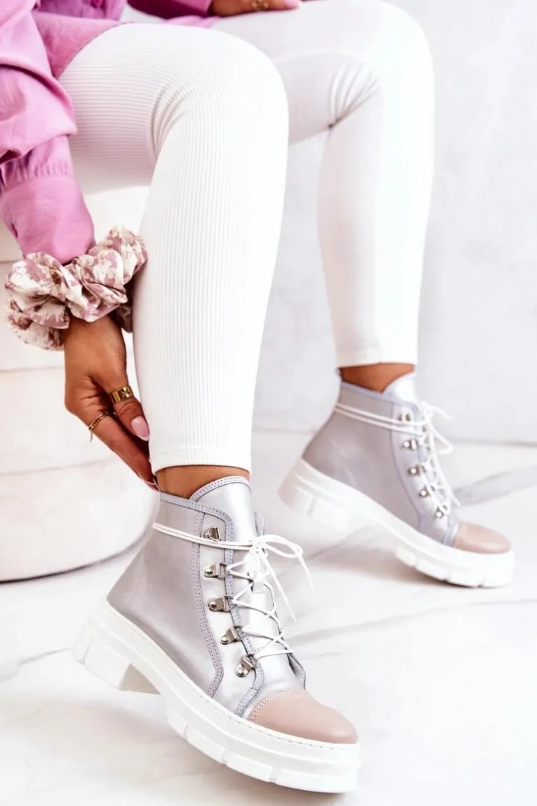 Botki Trapery Skórzane Srebrne Letty