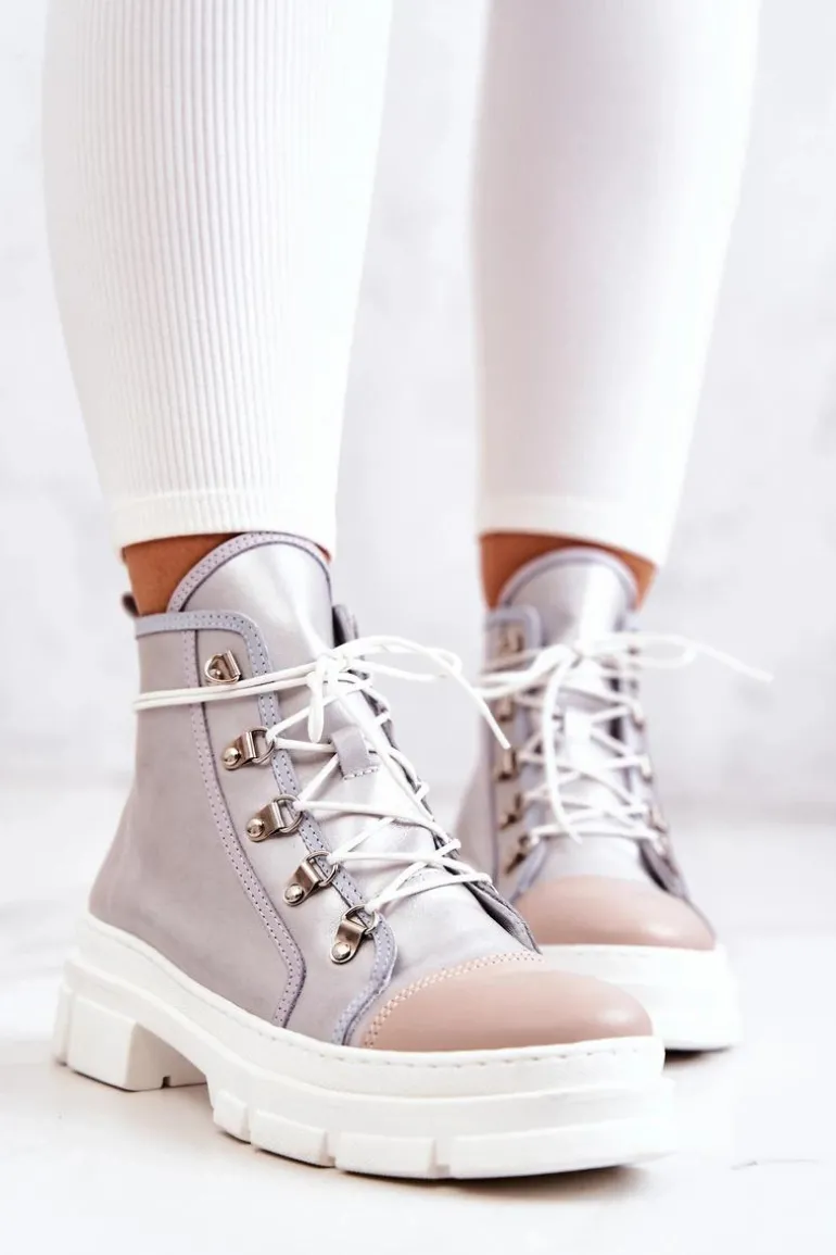 Botki Trapery Skórzane Srebrne Letty