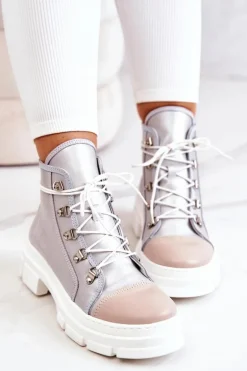 Botki Trapery Skórzane Srebrne Letty