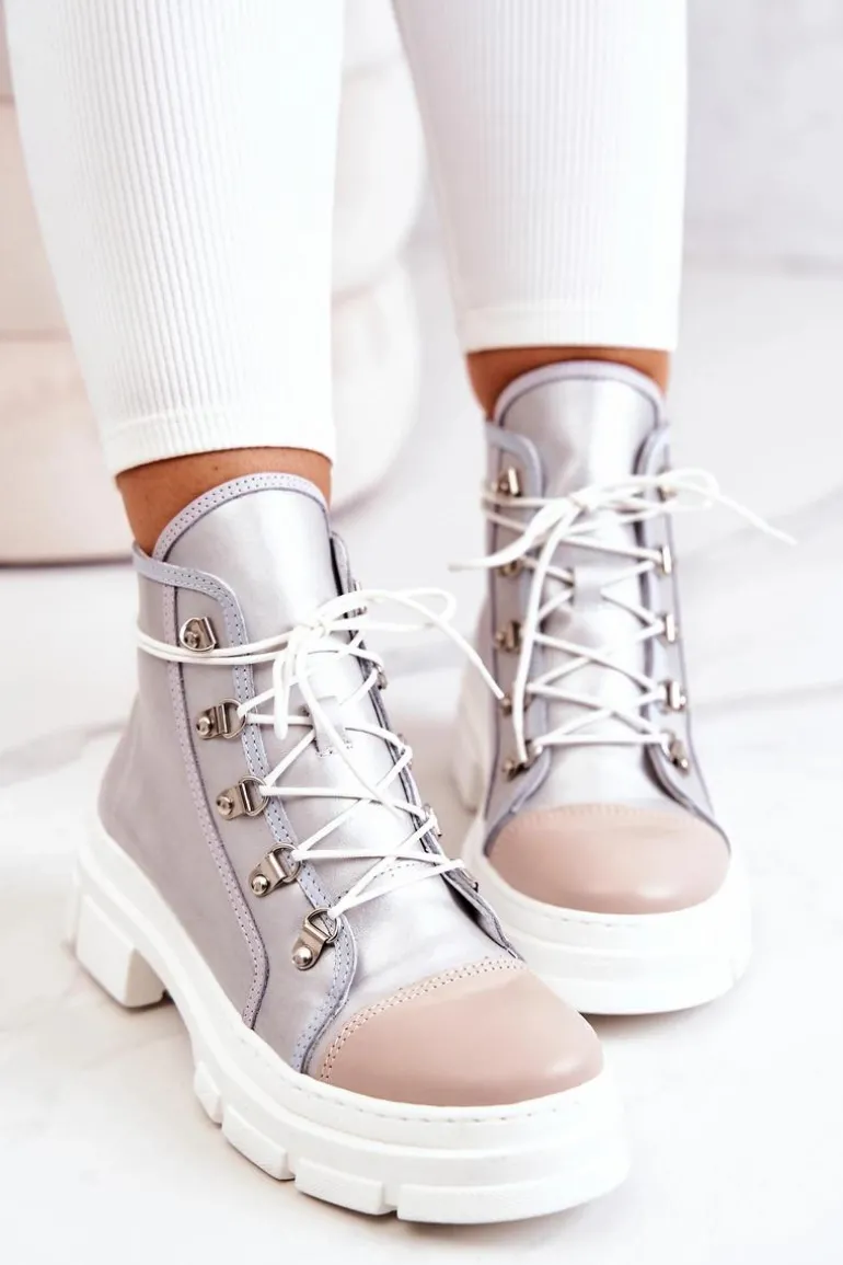 Botki Trapery Skórzane Srebrne Letty