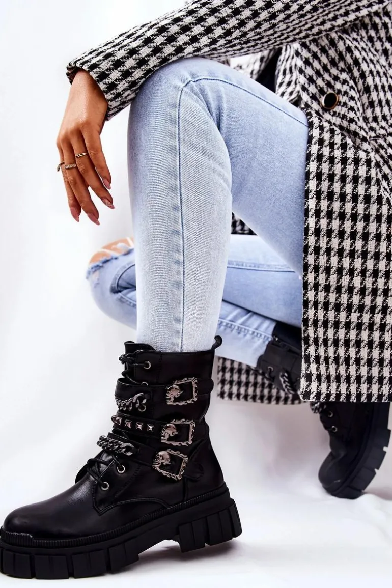 Botki Wiązane Łańcuch Sprzączka Czarne Reiloy