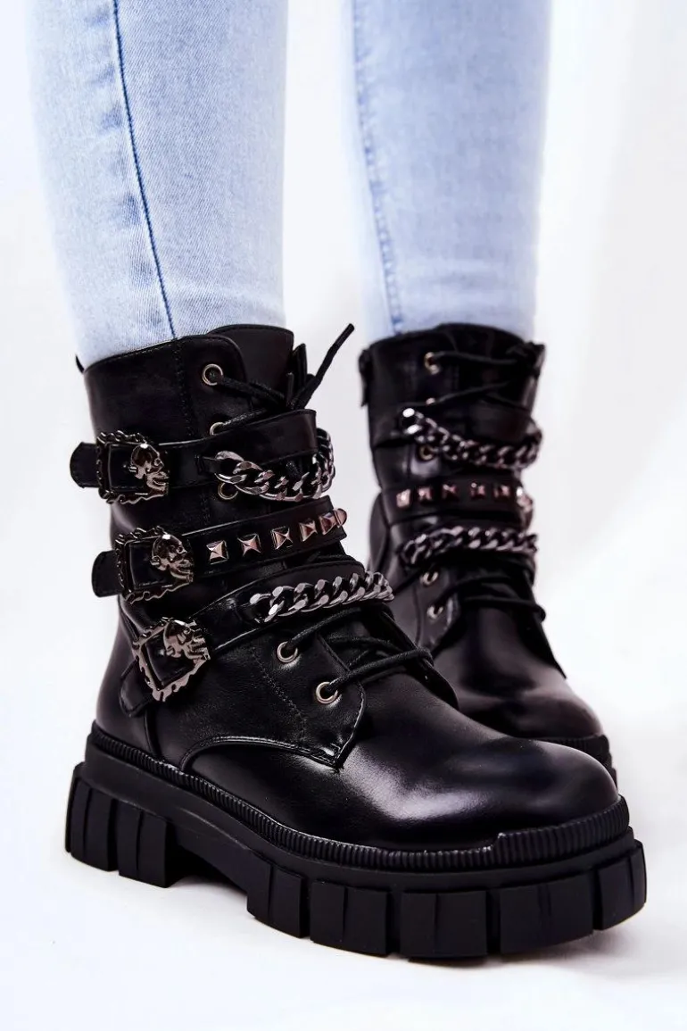 Botki Wiązane Łańcuch Sprzączka Czarne Reiloy