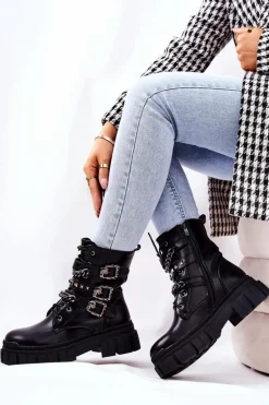 Botki Wiązane Łańcuch Sprzączka Czarne Reiloy