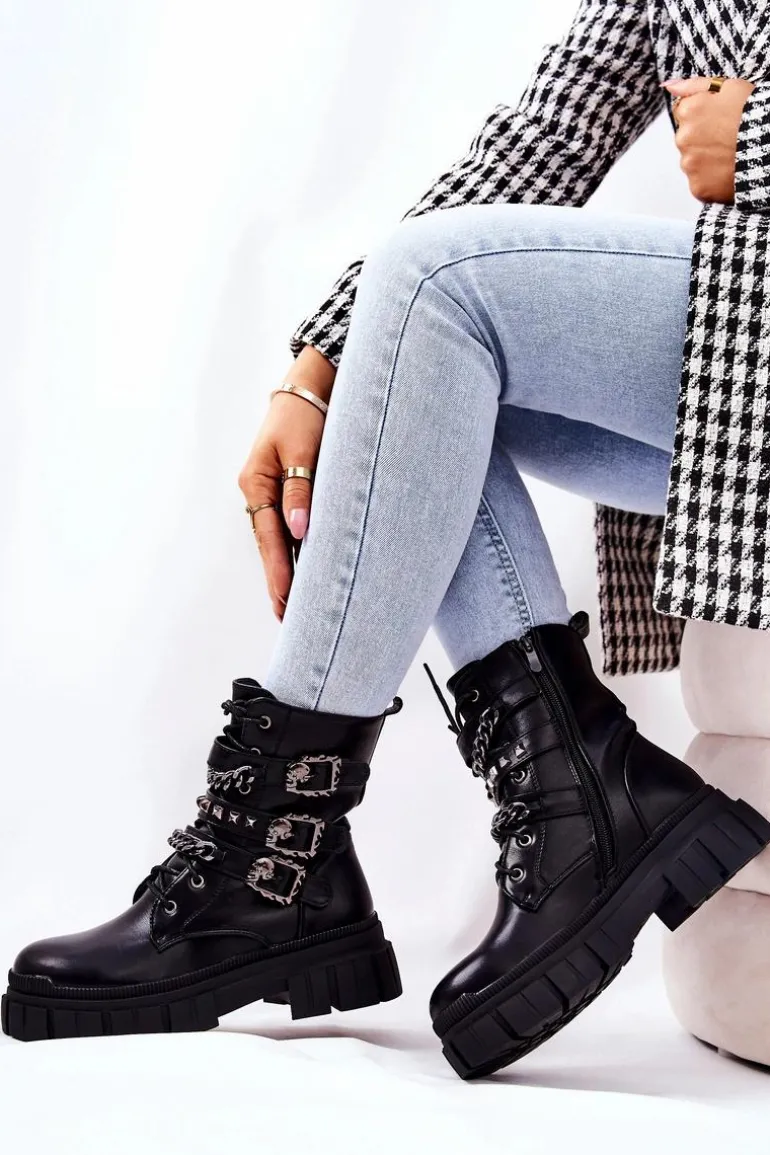 Botki Wiązane Łańcuch Sprzączka Czarne Reiloy