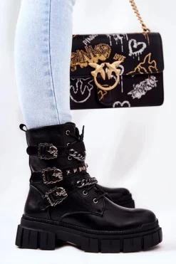 Botki Wiązane Łańcuch Sprzączka Czarne Reiloy