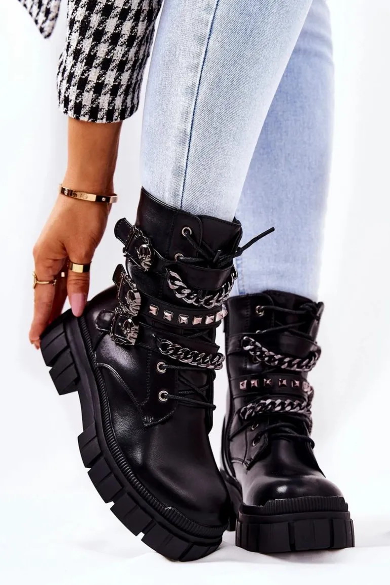 Botki Wiązane Łańcuch Sprzączka Czarne Reiloy