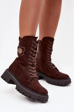 Botki Wokrery Damskie Z Ozdobnym Elementem Ocieplane Czekoladowe Kalindra