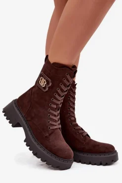 Botki Wokrery Damskie Z Ozdobnym Elementem Ocieplane Czekoladowe Kalindra