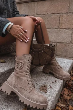 Botki Wokrery Damskie Z Ozdobnym Elementem Ocieplane Beżowe Kalindra