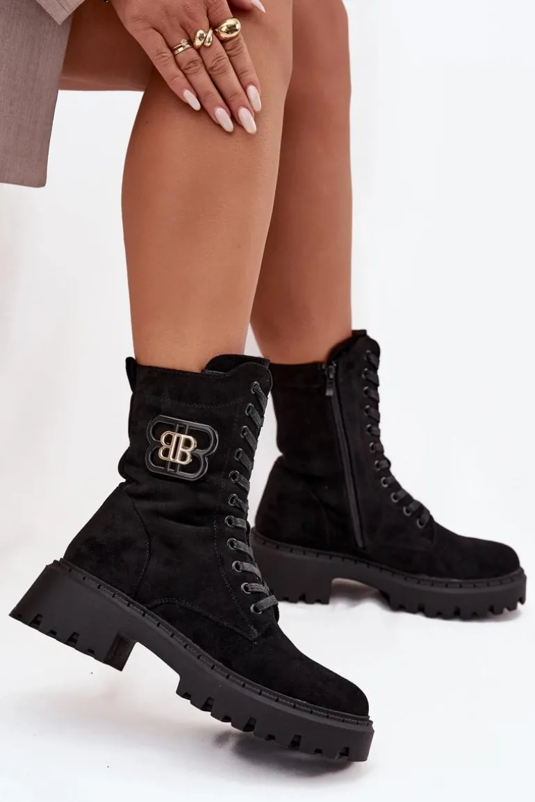 Botki Wokrery Damskie Z Ozdobnym Elementem Ocieplane Czarne Kalindra