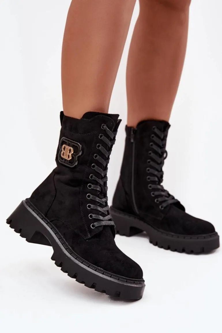 Botki Wokrery Damskie Z Ozdobnym Elementem Ocieplane Czarne Kalindra